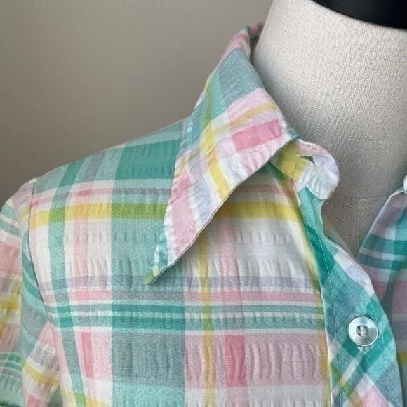 Vintage 70s Dagger Collar Collar Tunic Pastel Plaid M L - Picture 2 of 6